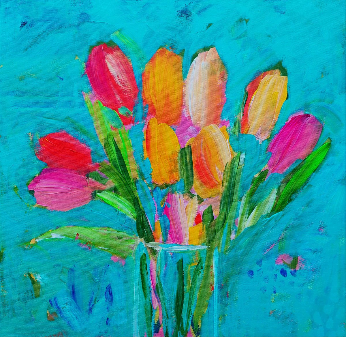 Ten Tulips on Blue by Jan Rippingham