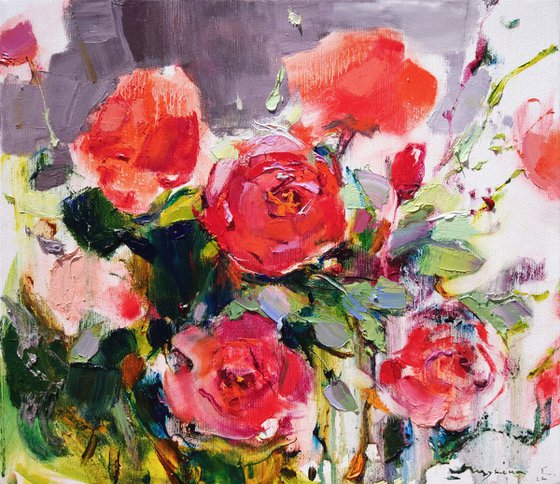 Scarlet roses . Ukrainian flowers . Intense colors. Original plein air oil painting