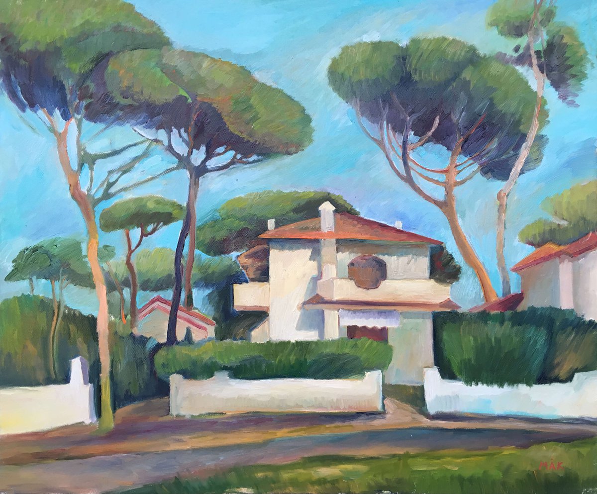 ITALY. LIDO DI SPINA - Italian landscape with green pine trees and a house with a chimney by Irene Makarova