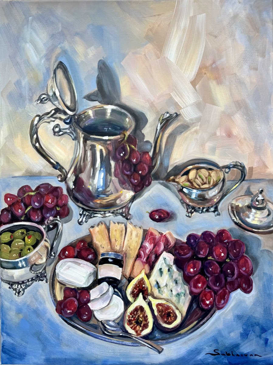 Impressionistic Still Life Acrylic Painting By Victoria Sukhasyan, 18 X 24", Still Life With Grapes And Silverware, Artfinder