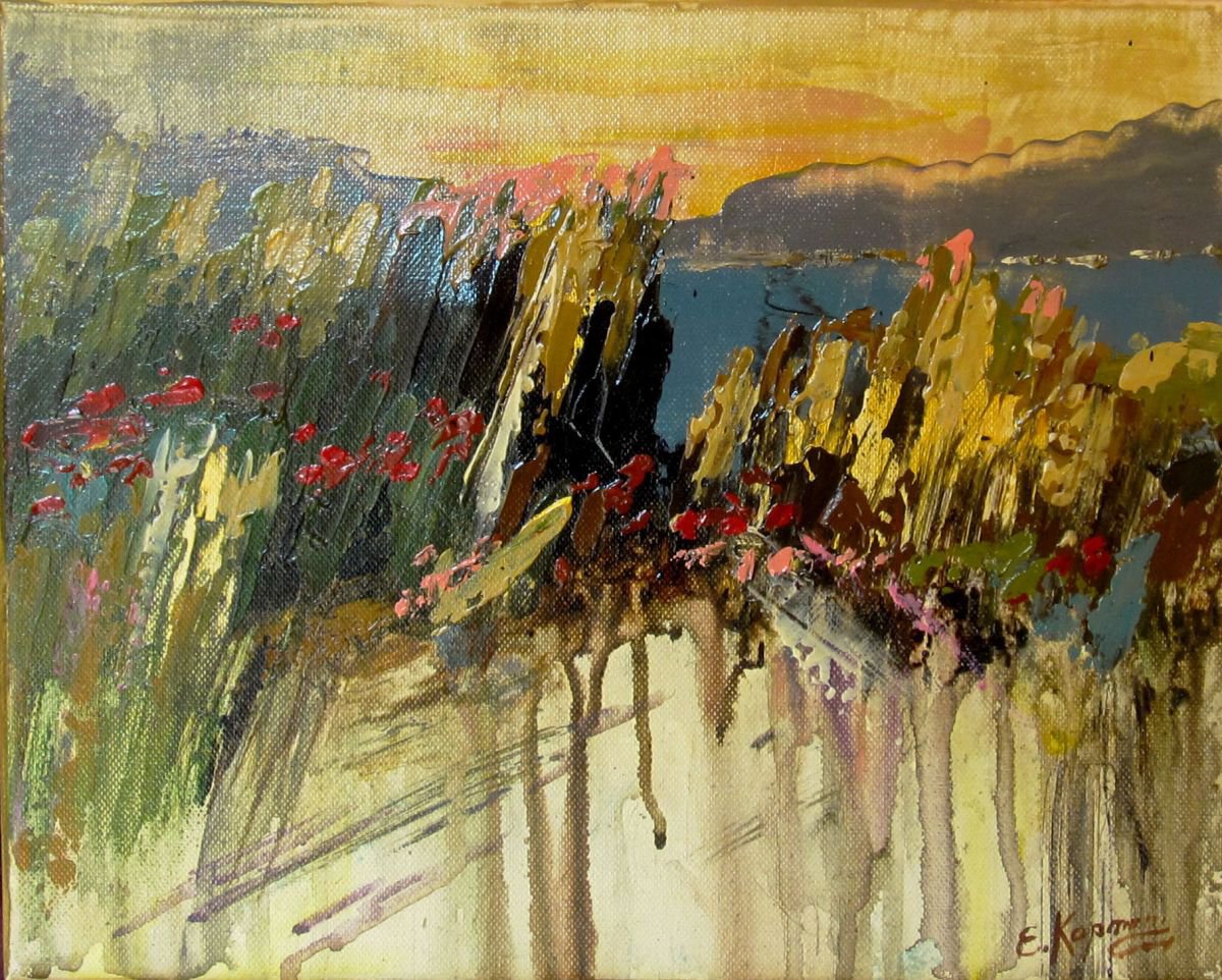 Sunset Small Abstract Painting 24 x 30cm (12 x 10) by Irini Karpikioti
