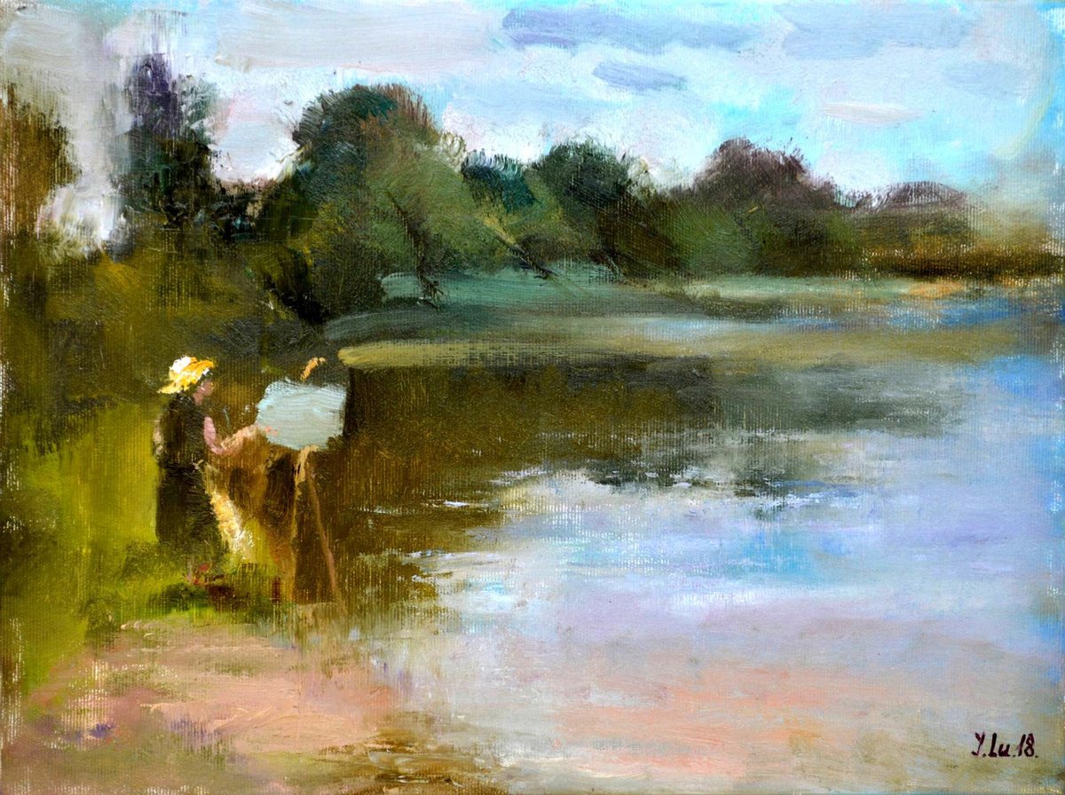 Impressionistic Landscape Oil Painting By Elena Lukina, 16 X 12, Nature Beauty By The Lake, Original Artwork