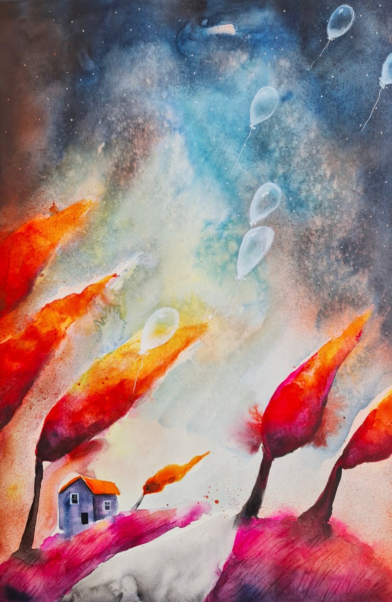 Surrealistic Landscape Watercolour By Evgenia Smirnova, 15 X 22, Freedom In A Cosmic Dream, Original Artwork