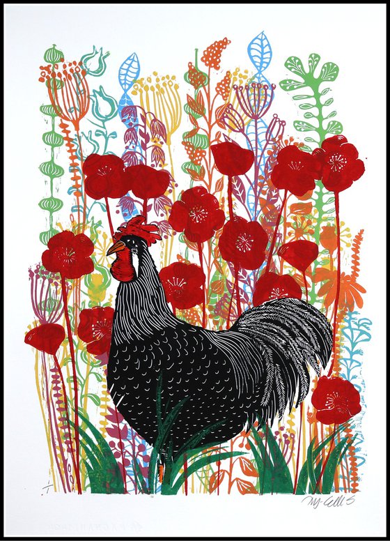Black Rooster in the Poppies