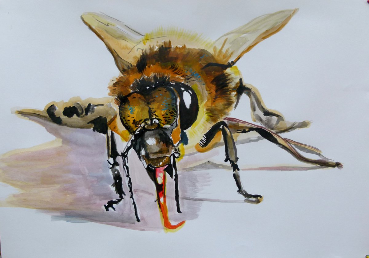 Photorealistic Animal Acrylic Painting By Soso Kumsiashvili, 33 X 24", Bee, Original Artwork