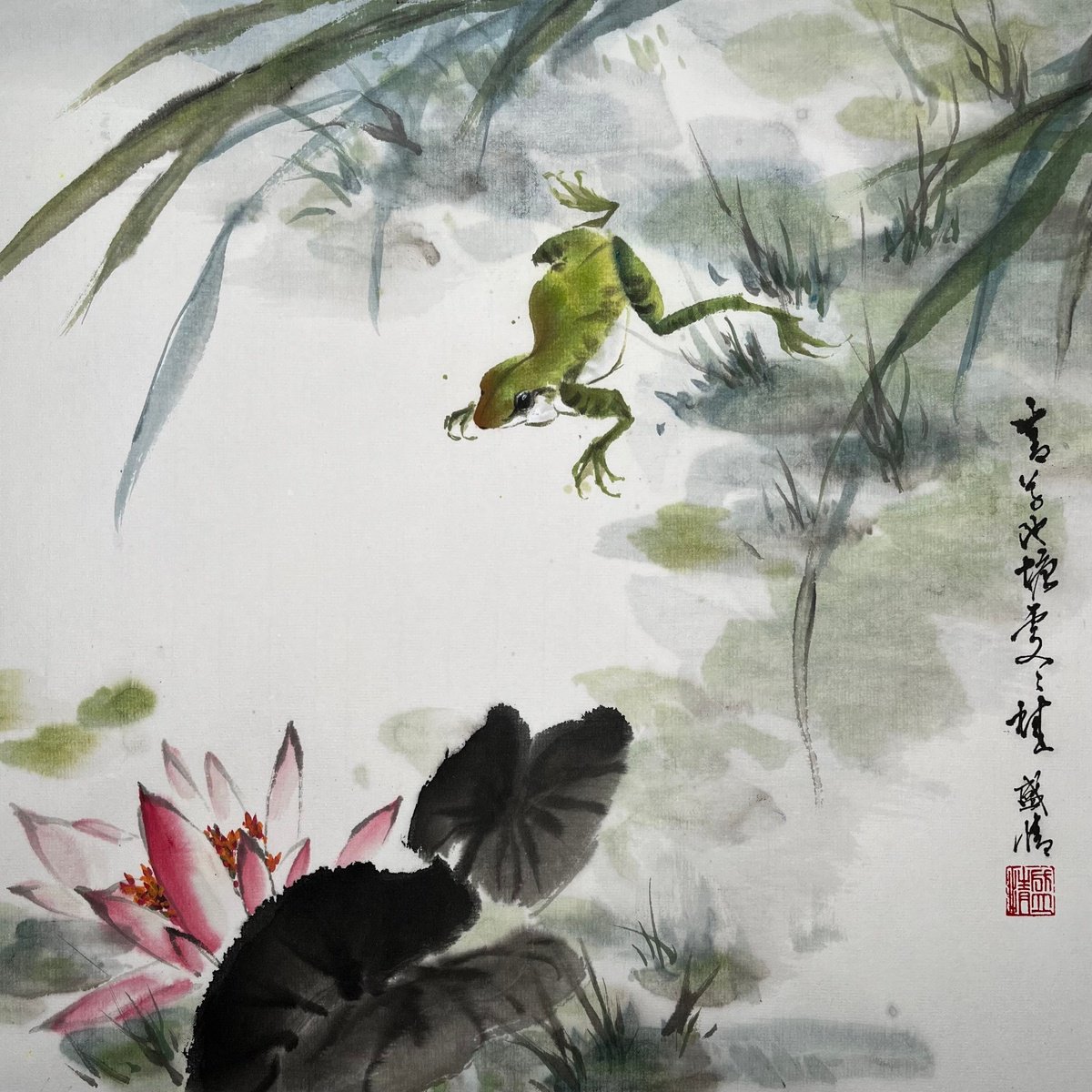 Illustrative Animal Watercolour By Fiona Sheng, 14 X 14, Frog & Lotus, Original Art, Original Artwork