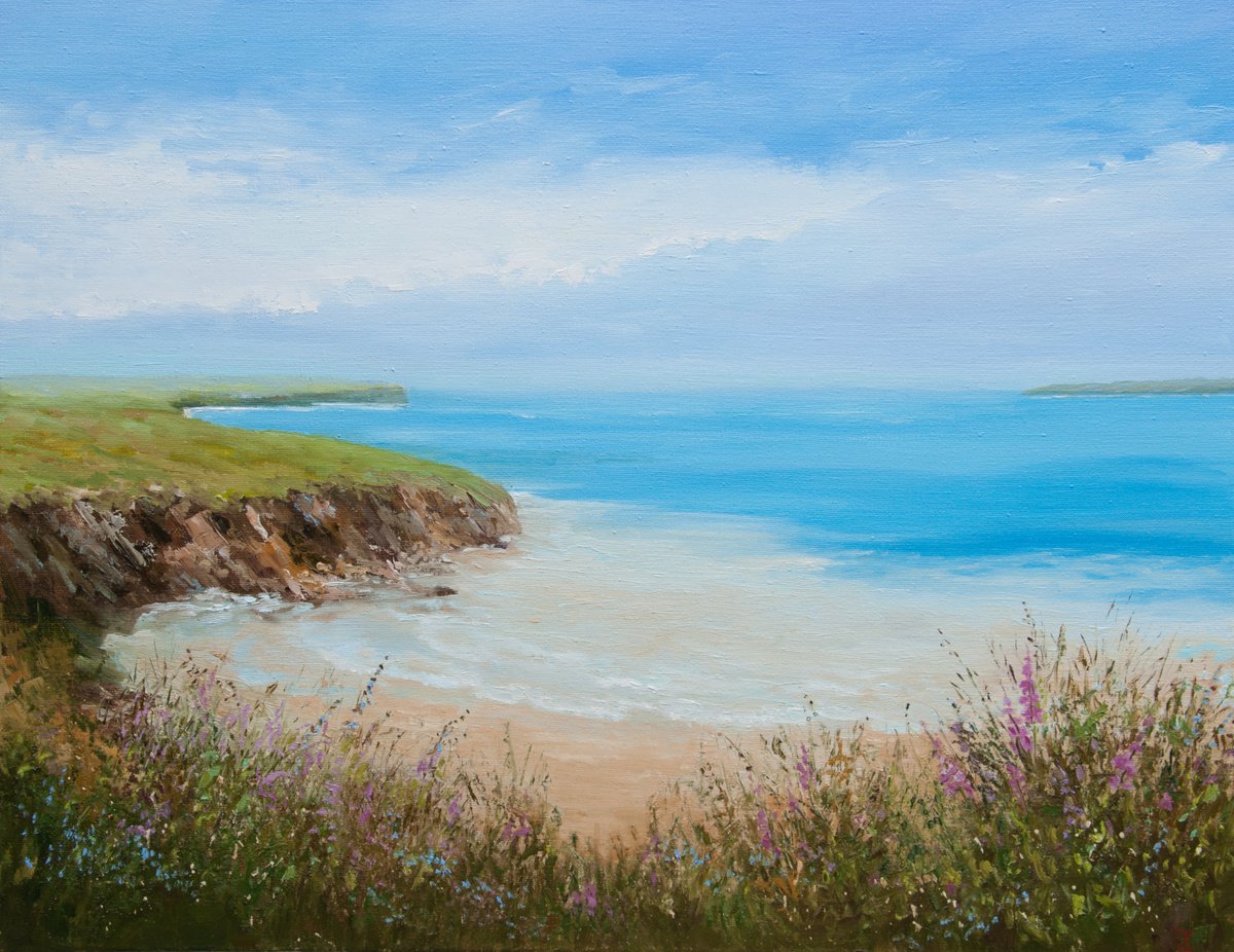 Impressionistic Landscape Oil Painting By Tetiana Vysochynska, 36 X 28", Hills And Sea., Original Artwork