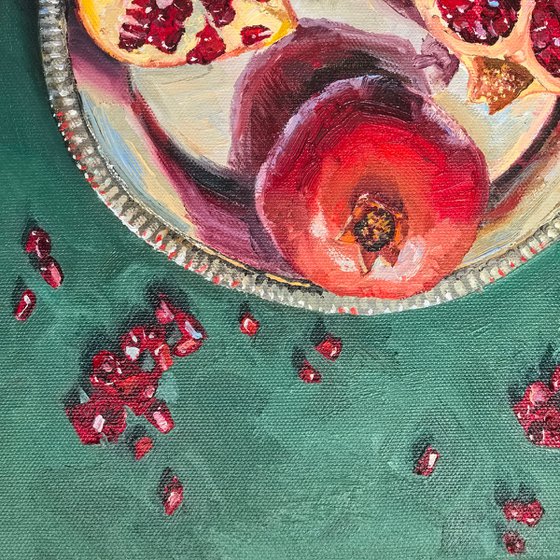 Pomegranates on metal tray