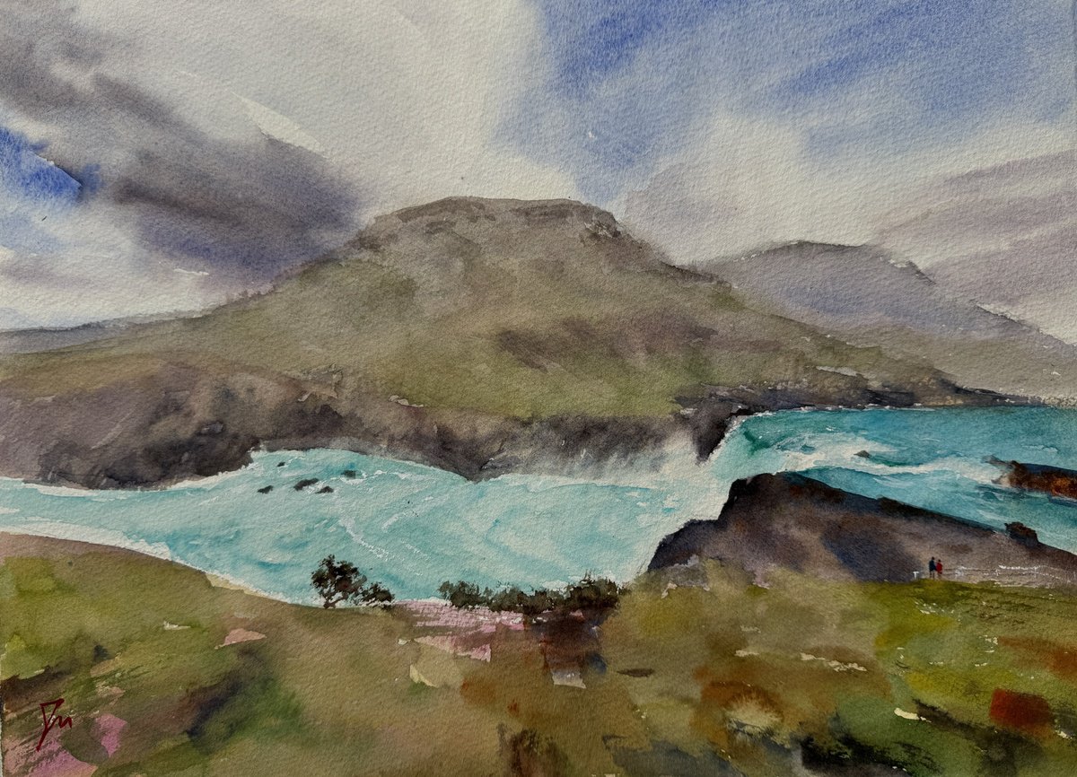 Impressionistic Landscape Watercolour By Shelly Du, 15 X 11", Patagonia Waterfall, Original Artwork