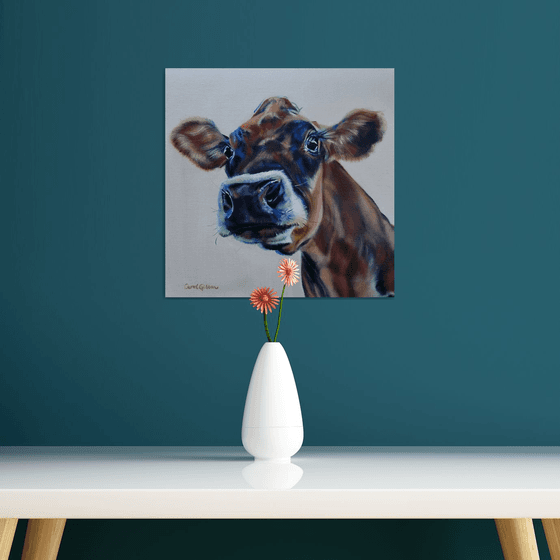 Well hello there!, a Jersey calf (cow) original oil painting Sophia