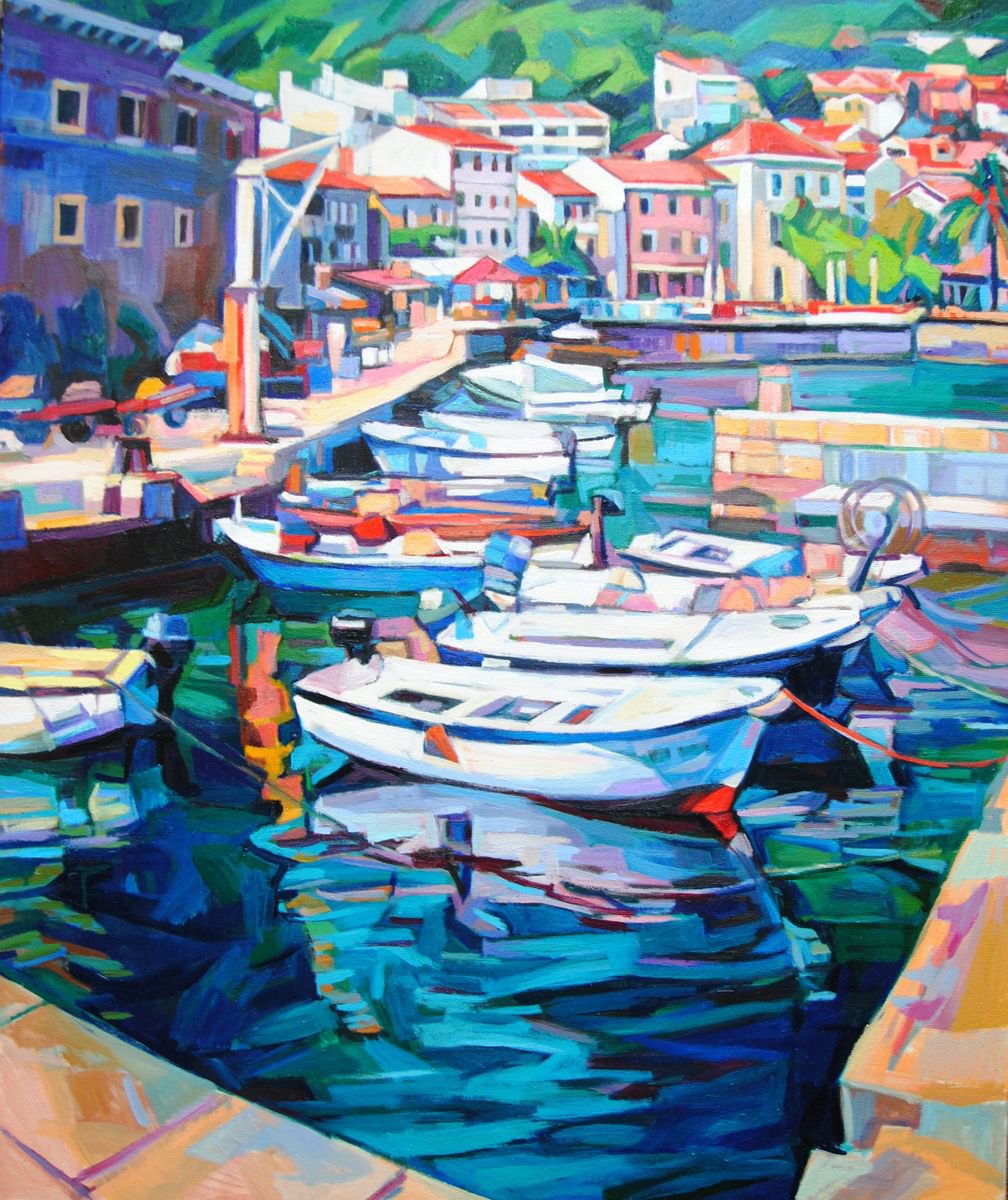 Expressive Cityscapes Oil Painting By Maja ?okic Mihajlovic, 30 X 36", Seascape / 91.5 X 76 X 2 Cm, Original Artwork