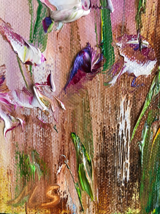 IRIS MOOD №1 - Xiphium. Irises. Flowers. Gift. Lilac color. Bouquet. Garden. Garden flowers. Field irises. Mini-art. Fast painting. The best solution. Gift painting. Postcard. Season. Holidays.