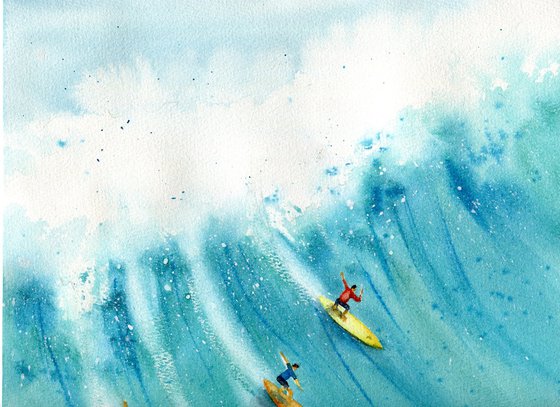 Surfers caught the wave. Bright summer watercolor. Original artwork.