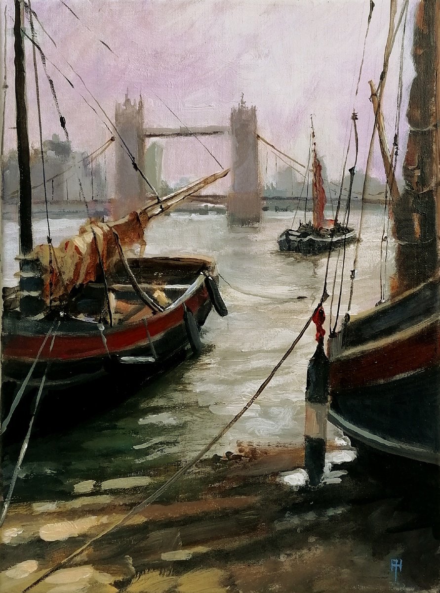 Impressionistic Cityscapes Acrylic Painting By Alan Harris, 12 X 16, The Old Barges, London, Original Artwork