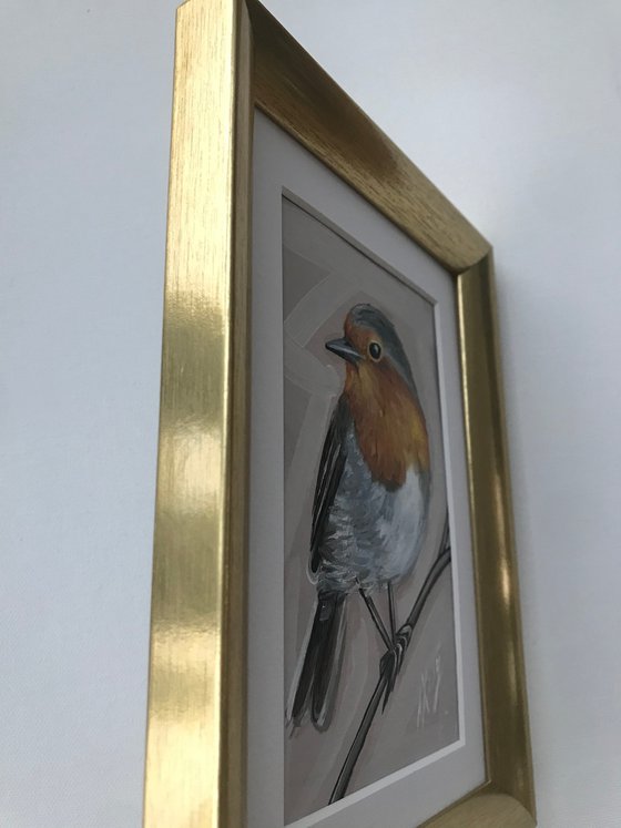 Robin bird Oil Painting golden framed 15x20cm