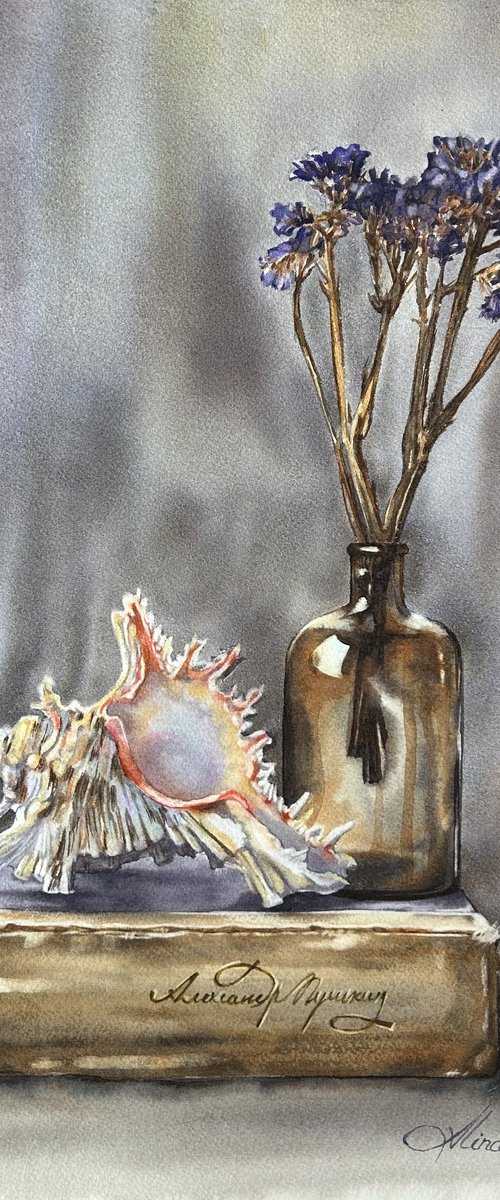 Still life with book and shell by Alina Karpova