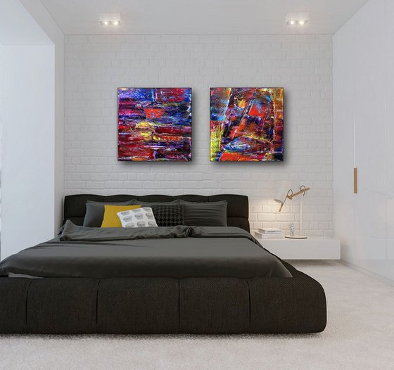 "Play With Me" - FREE WORLDWIDE SHIPPING - Original Large PMS Abstract Diptych Oil Paintings On Canvas - 40" x 20"