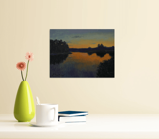 Sunset Over the Pond - original sunny landscape, painting