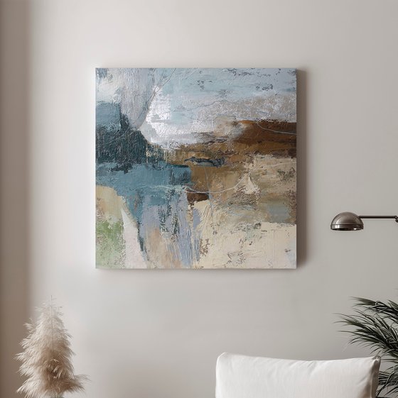 "Fall 6" Abstract blue brown silver art