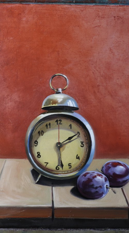Still life with plums old watch (24x18cm, oil painting, ready to hang) by Ara Gasparian