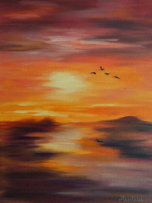 Landscape with Sea Warm Sunset colours  Orange Red Brown by Anastasia Art Line