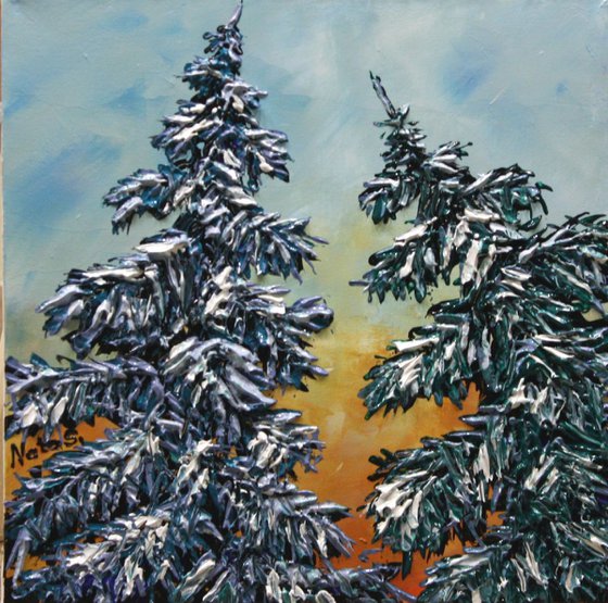 Original Pine Tree Painting. Palette Knife Art, Impasto Tree Painting