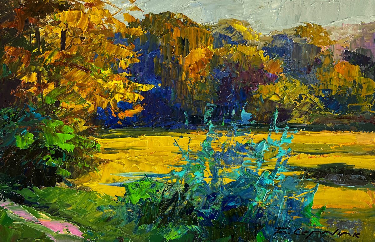 Autumn Evening River Bank By Boris Serdyuk, 12 X 8, Artwork For Sale On Artfinder