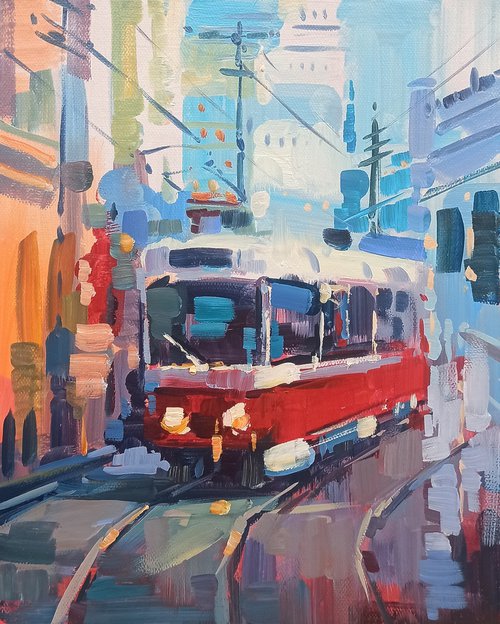 Red tram -1 (24x30cm, oil painting, ready to hang) by Narek Qochunc