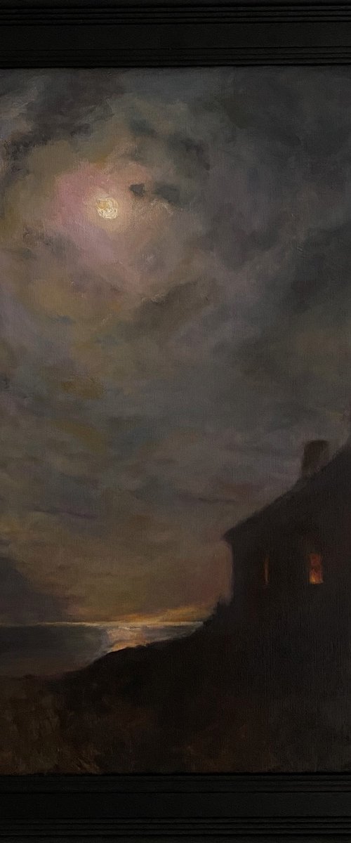 Tonalist Oil painting Landscape with Moon and Cottage, Framed. by Jackie Smith