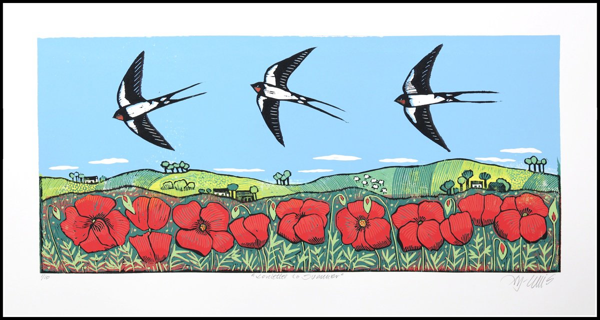 Illustrative Landscape Linocut By Mariann Johansen-Ellis, 26 X 15", A Loveletter To Summer, Original Artwork