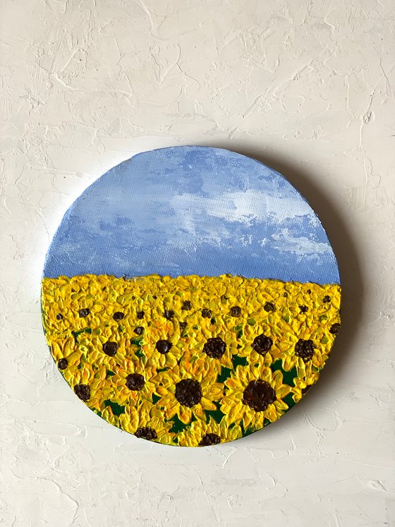 Sunflower field! Impasto painting on round canvas! Ready to hang