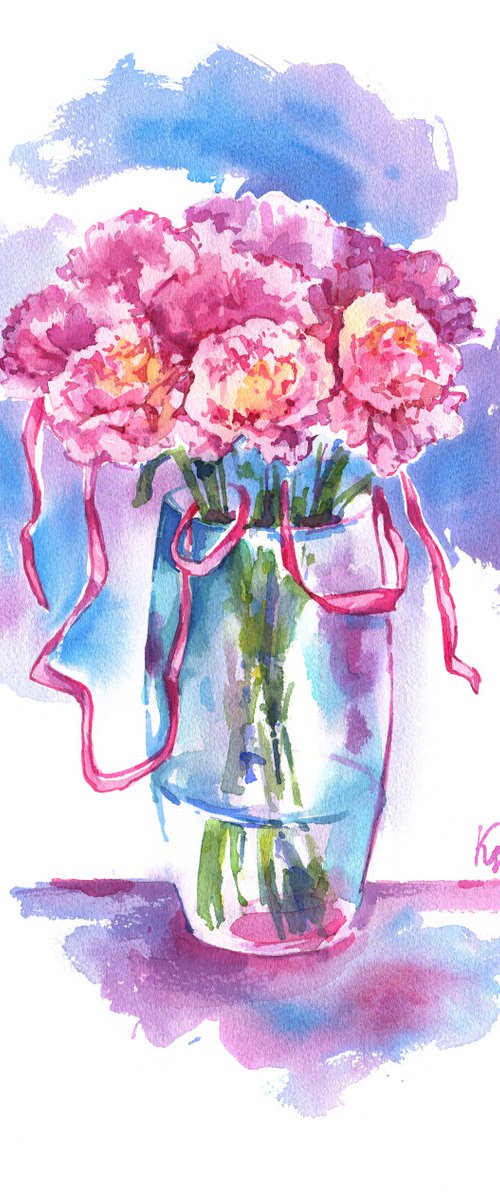 "Bright bouquet of carnations still life in a vase" original watercolor art work illustration by Ksenia Selianko