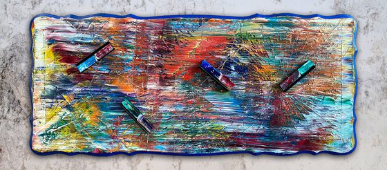 "A Hard Pill To Swallow" - Original PMS Mixed Media Assemblage Sculptural Painting on Recycled Wooden Coffee Table, - 50 x 22 inches