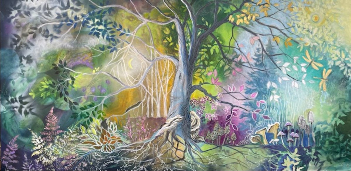 Expressive Botanical Acrylic Painting By Eliry Arts, 72 X 36, Mother Tree And Her Mushrooms, Original Artwork