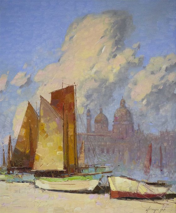 Venice and Harbor Handmade oil Painting on Canvas One of a Kind Signed
