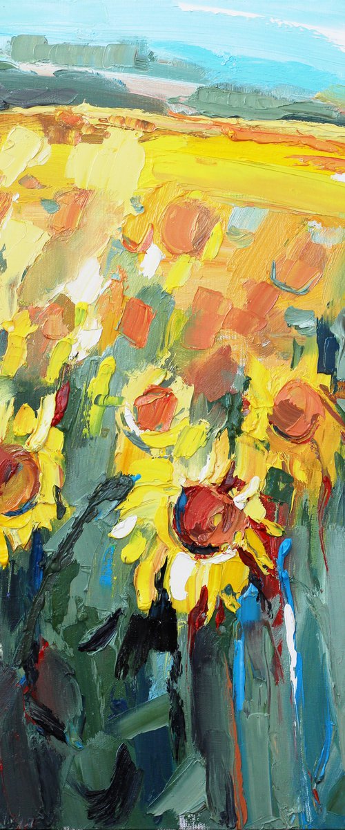 Sunflower - Yellow flowers - Landscape summer - Oil painting by Yuliia Meniailova