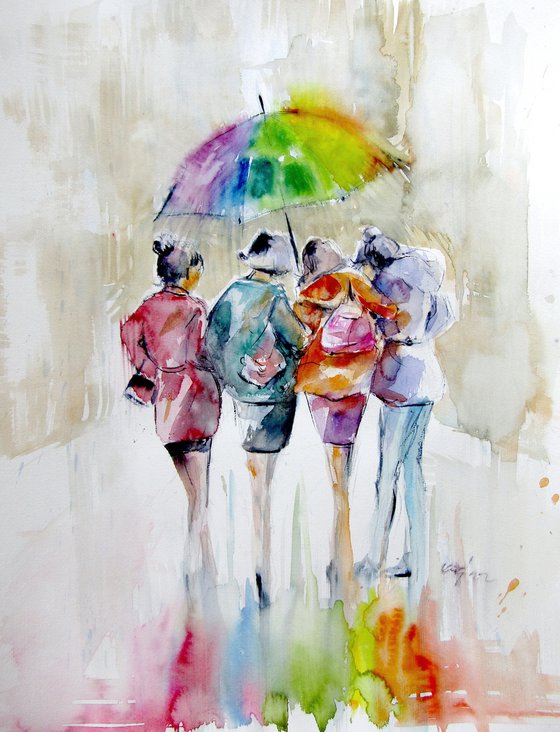 Girlfriends under the umbrella