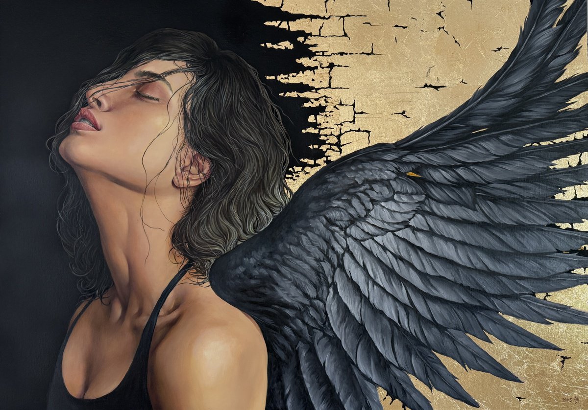 Surrealistic Portrait Oil Painting By Marina Popkova-Sologub, 39 X 28", Angel 2, Original Artwork