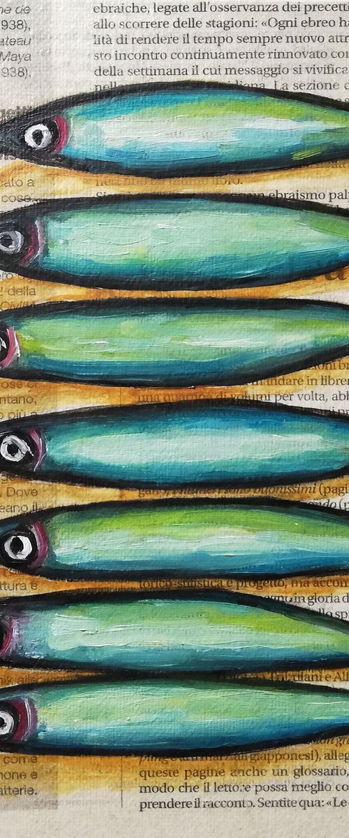 "Anchovies on Newspaper" Original Oil on Canvas Board Painting 8 by 8 inches (20x20 cm) by Katia Ricci