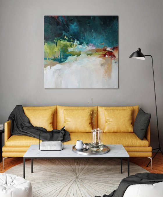"Thunderstorm" Teal green red abstract art