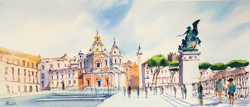 Classic rome city landscape near Venice Square. Light and shadow with city view. Medium format watercolor urban landscape italy sea bright architecture old travel by Sasha Romm