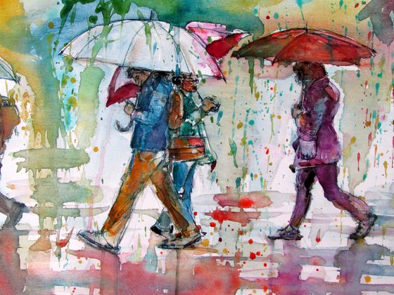 Walking people at rain