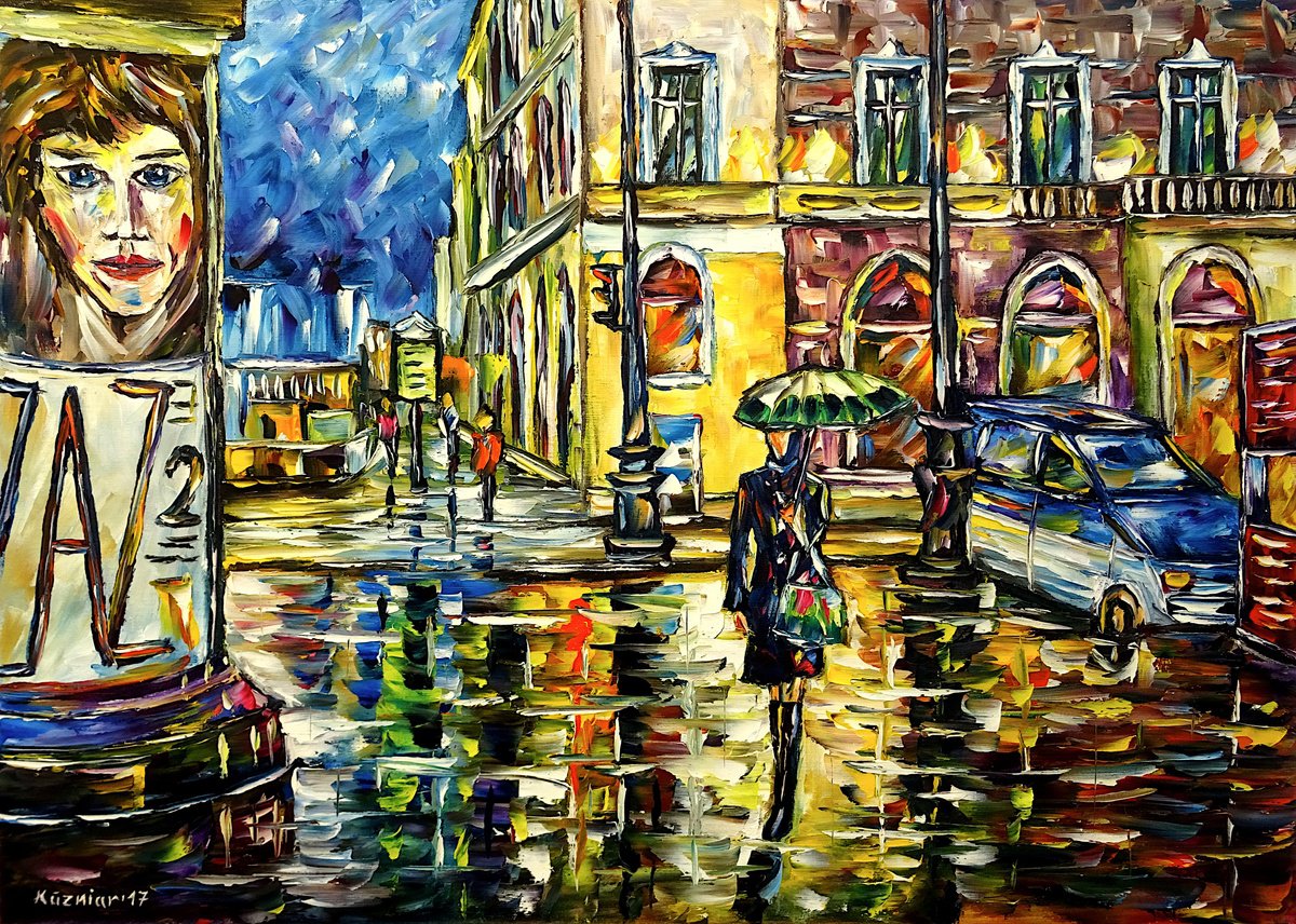 Expressive Cityscapes Oil Painting By Mirek Kuzniar, 28 X 20", St. Petersburg At Night, Original Artwork