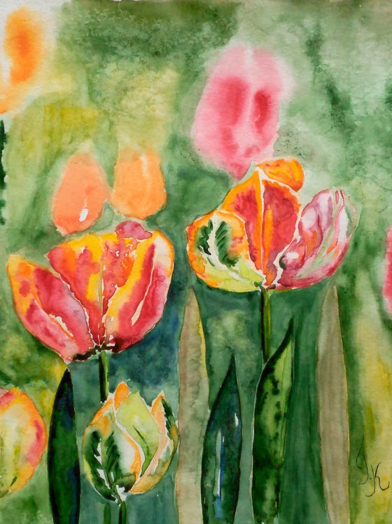 Tulip Painting Floral Original Art Flowers Watercolor Artwork Home Wall Art 17 by 12" by Halyna Kirichenko