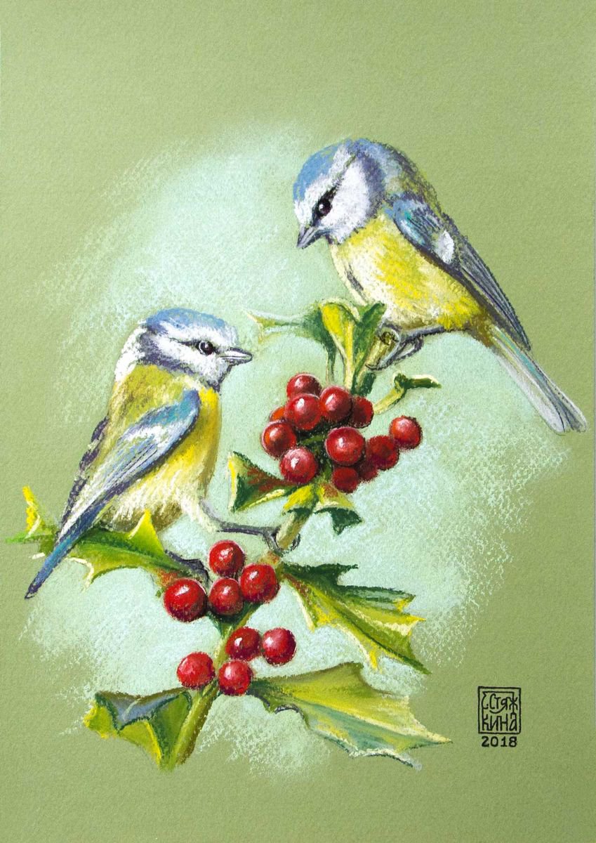 Two Titmouses. Original pastel drawing by Ekaterina Styazhkina