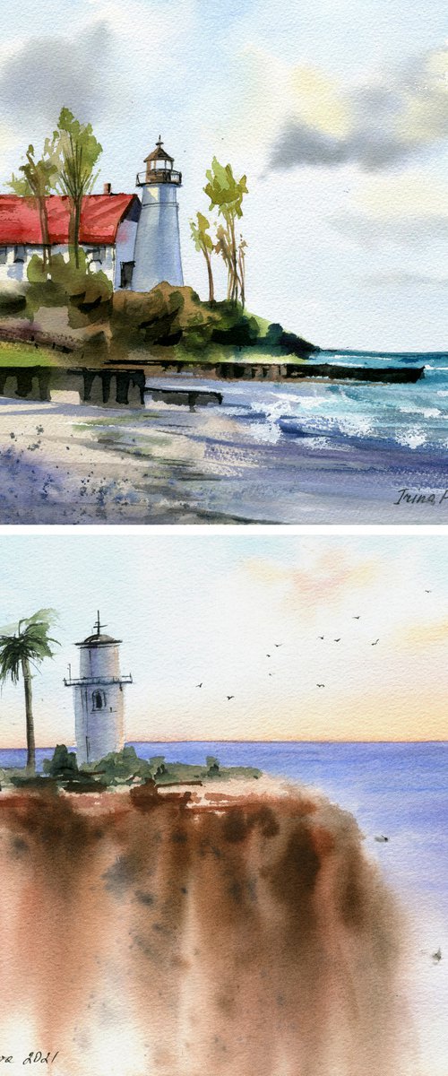 Set of two watercolor landscapes with lighthouse,   original watercolor paintings, beach wall art, decor for living room, business decor, gift for her by Irina Povaliaeva