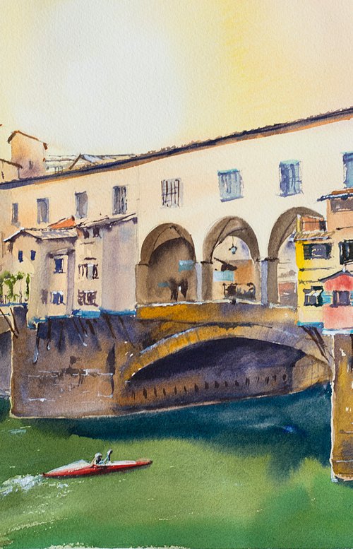 Sunset in Florence. View of the Ponte Vecchio. Medium format watercolor urban landscape Mediterranean italy sea bright architecture by Sasha Romm