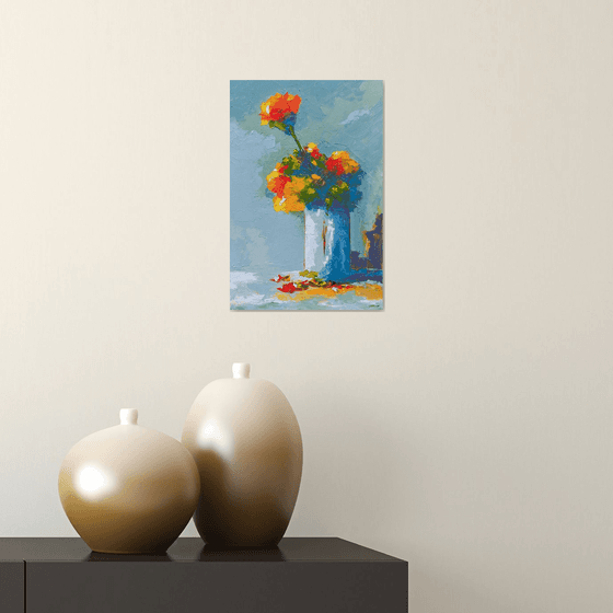Modern still life painting. Still life with flowers in vase