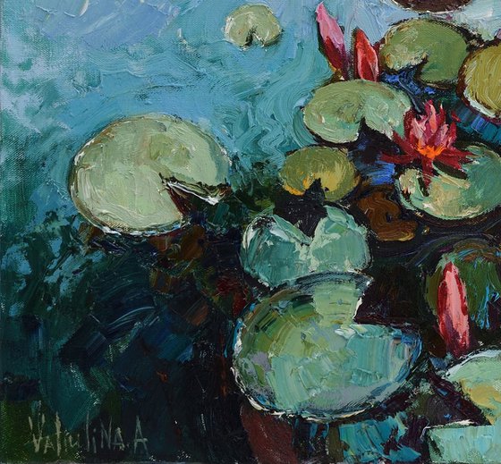 Pink water lilies Oil painting 90 x 75 cm