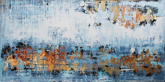 SKADIS LAND * 63" x 31.5" * ACRYLIC PAINTING ON CANVAS * WHITE * BLUE * GOLD